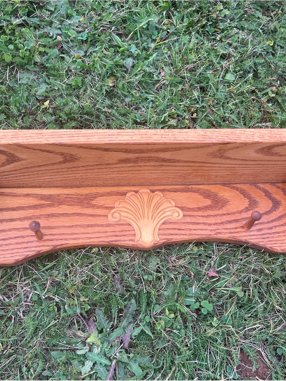 Oak-Finish Wall Hook Rack in Light Brown with Decorative Shell Accent